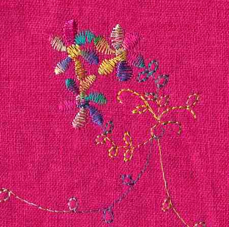 Linen: embroidered floral on fuchsia